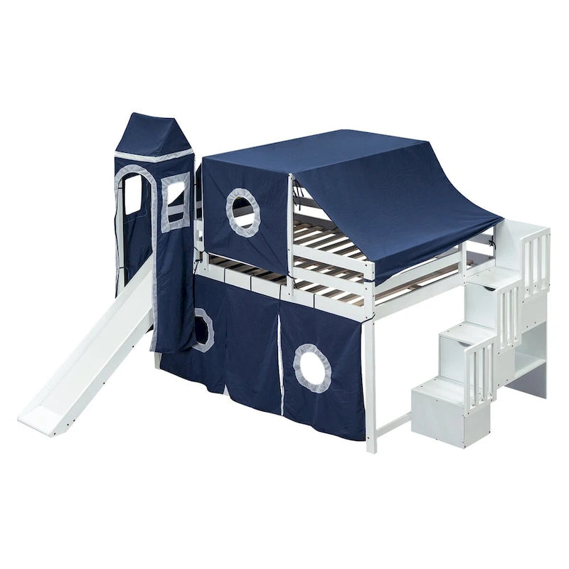 Full Size Pine Wood Loft Bed with Storage Staircase, Slide, Tent, Tower, Guardrail