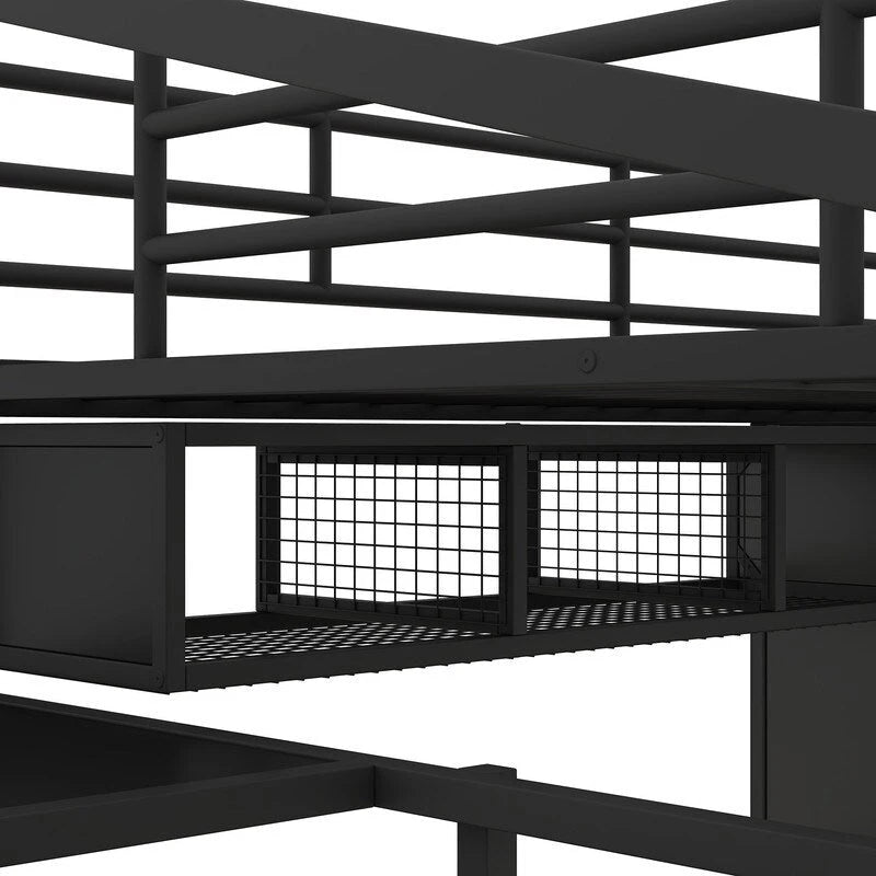 Full Size Metal Loft Bed With table set and wardrobe, Black