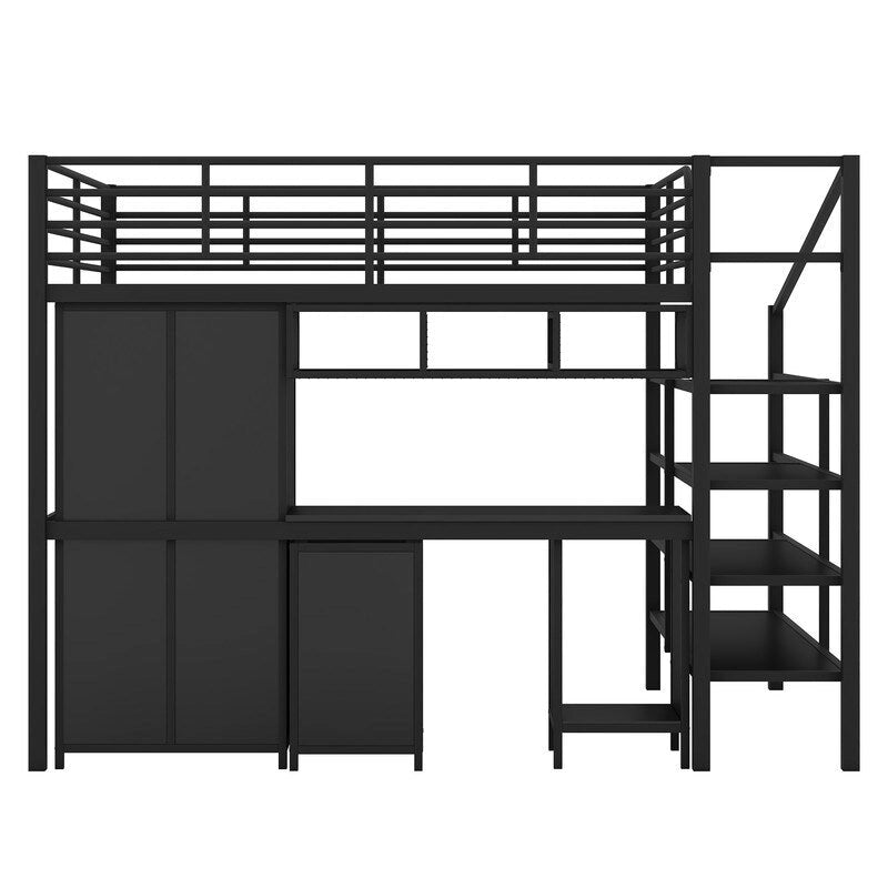 Full Size Metal Loft Bed With table set and wardrobe, Black