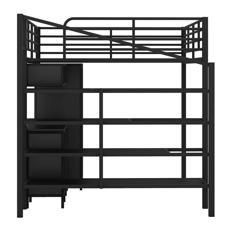 Full Size Metal Loft Bed With table set and wardrobe, Black