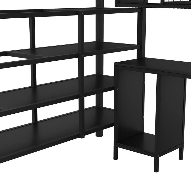 Full Size Metal Loft Bed With table set and wardrobe, Black