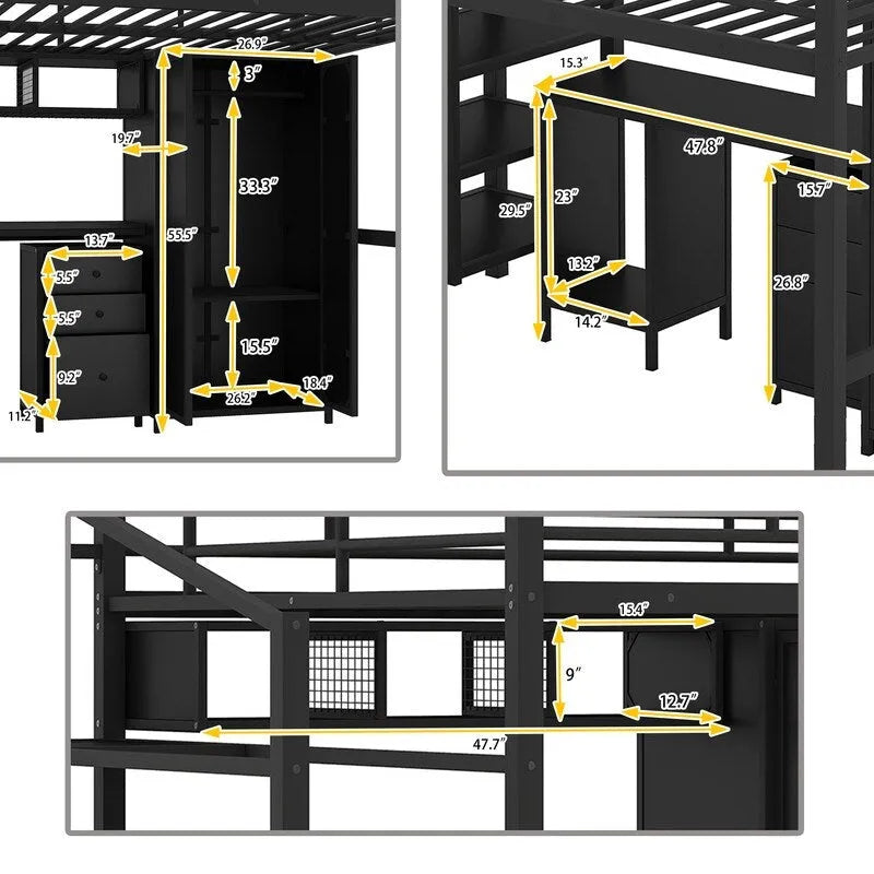 Full Size Metal Loft Bed With table set and wardrobe, Black