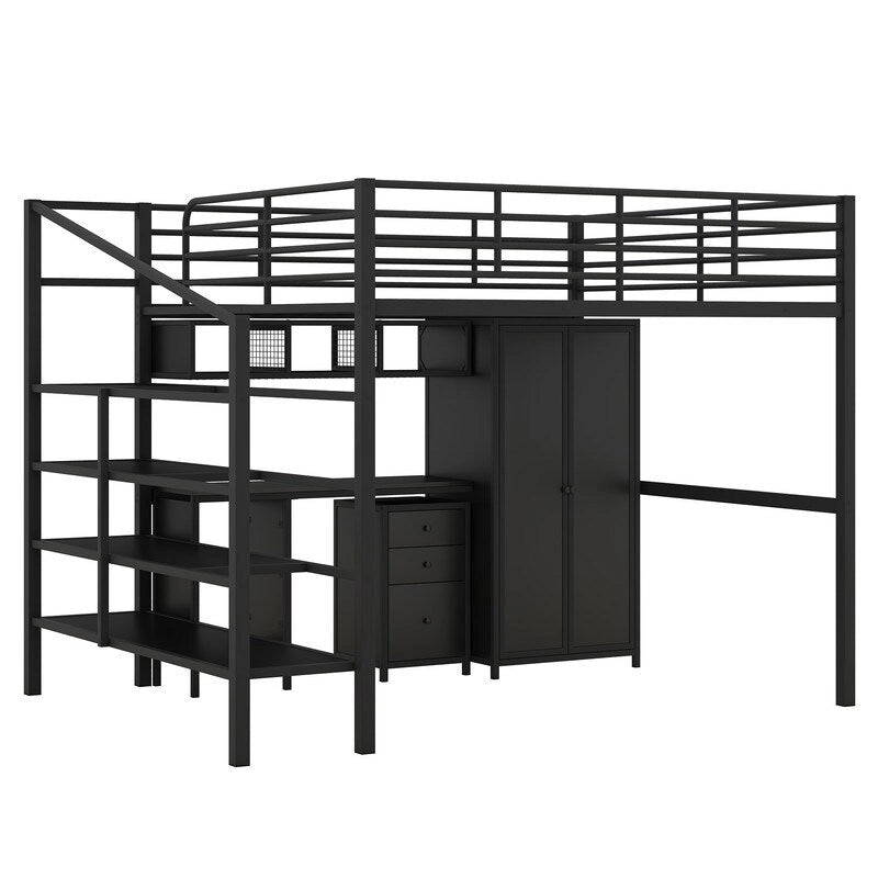 Full Size Metal Loft Bed With table set and wardrobe, Black
