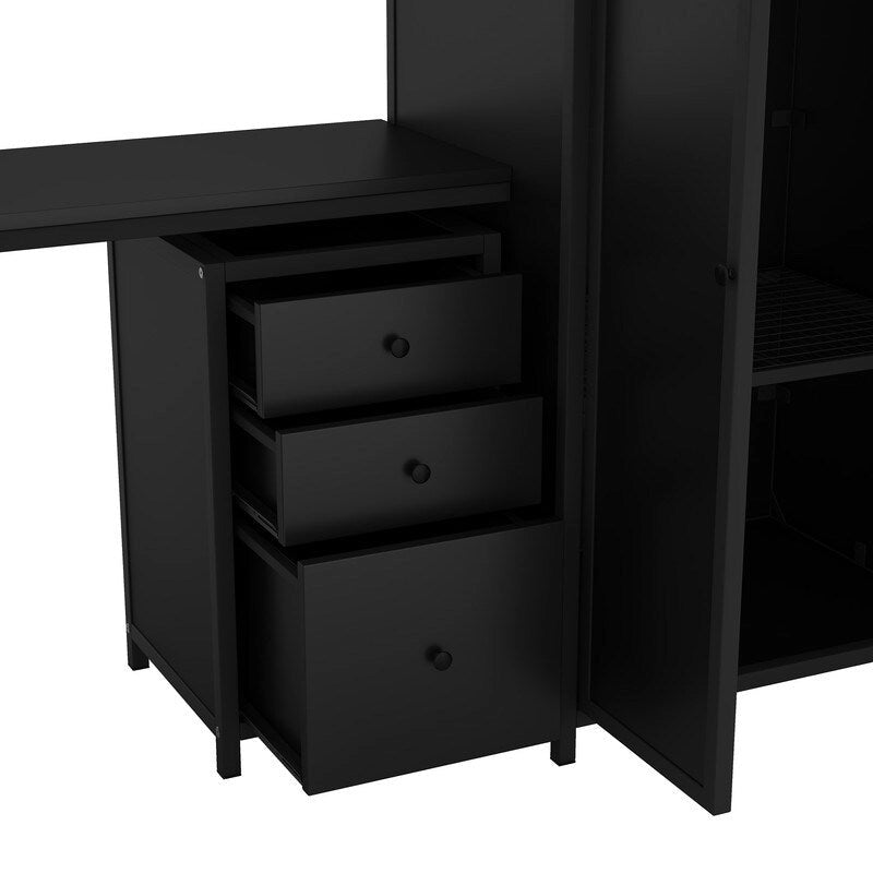 Full Size Metal Loft Bed With table set and wardrobe, Black