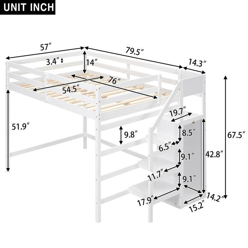 Wooden Full Size Loft Bed with Built-in Storage Wardrobe and Staircase
