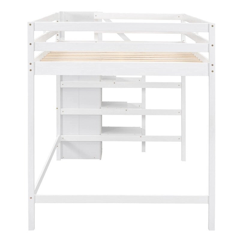Wooden Full Size Loft Bed with Built-in Storage Wardrobe and Staircase