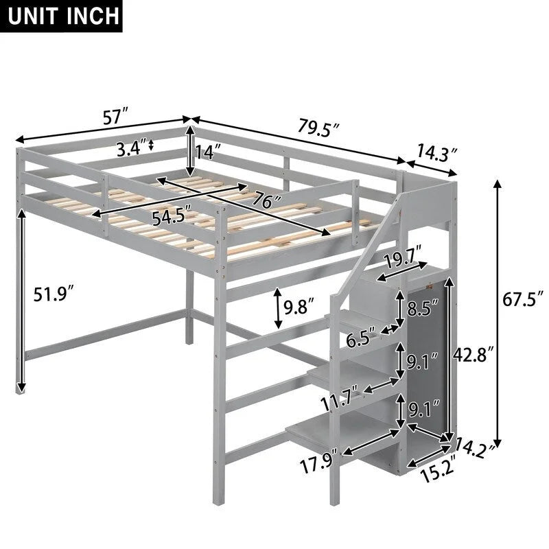 Wooden Full Size Loft Bed with Built-in Storage Wardrobe and Staircase
