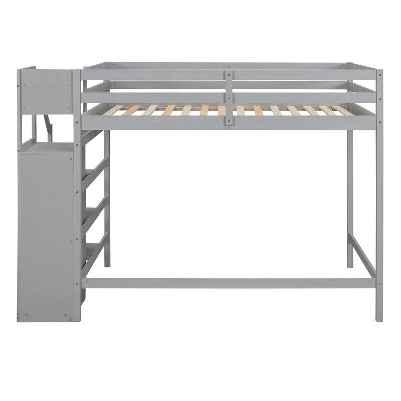 Wooden Full Size Loft Bed with Built-in Storage Wardrobe and Staircase