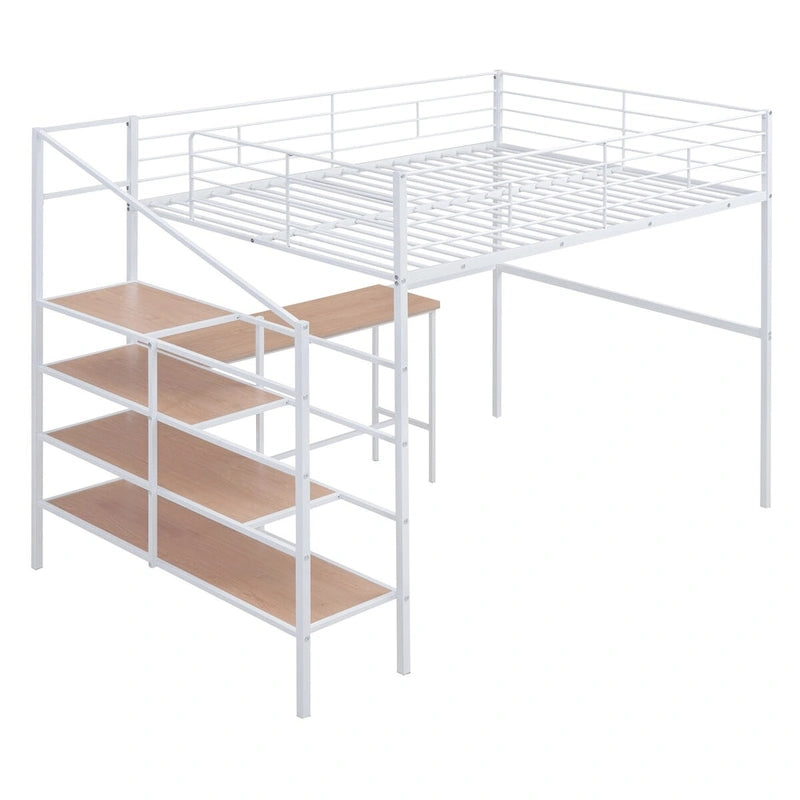Full Size Metal Loft Bed with Built in Desk and Lateral Storage Ladder