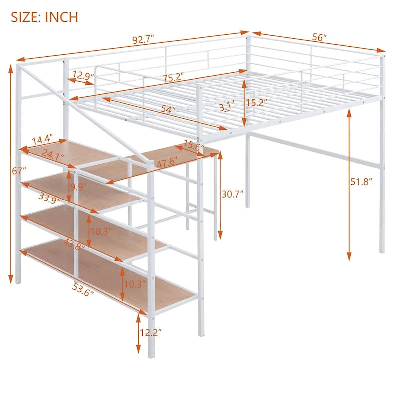 Full Size Metal Loft Bed with Built in Desk and Lateral Storage Ladder