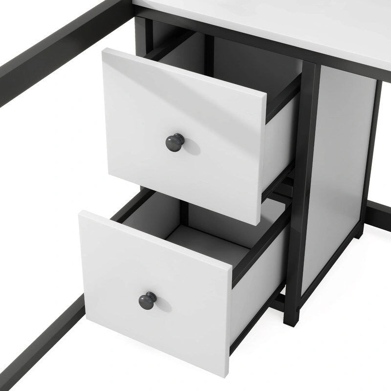 Full Size Metal Loft Bed with Desk, Cabinets, Drawers and Bedside Tray, Charging Station, USB and socket