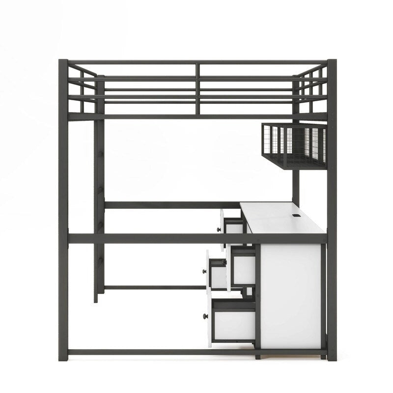 Full Size Metal Loft Bed with Desk, Cabinets, Drawers and Bedside Tray, Charging Station, USB and socket