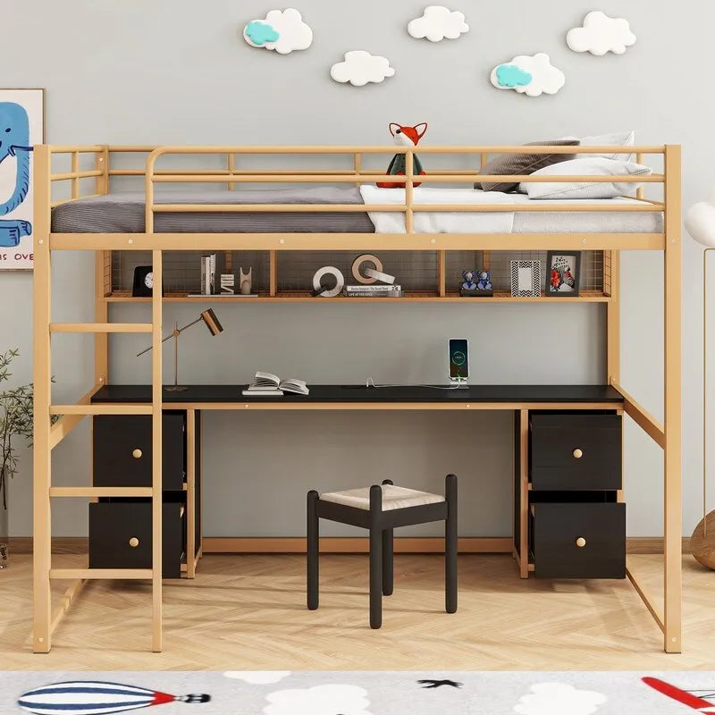 Full Size Metal Loft Bed with Desk, Cabinets, Drawers and Bedside Tray, Charging Station, USB and socket