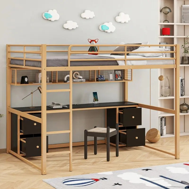 Full Size Metal Loft Bed with Desk, Cabinets, Drawers and Bedside Tray, Charging Station, USB and socket