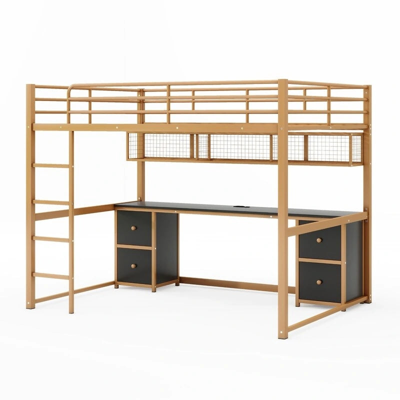 Full Size Metal Loft Bed with Desk, Cabinets, Drawers and Bedside Tray, Charging Station, USB and socket