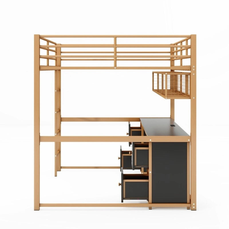 Full Size Metal Loft Bed with Desk, Cabinets, Drawers and Bedside Tray, Charging Station, USB and socket