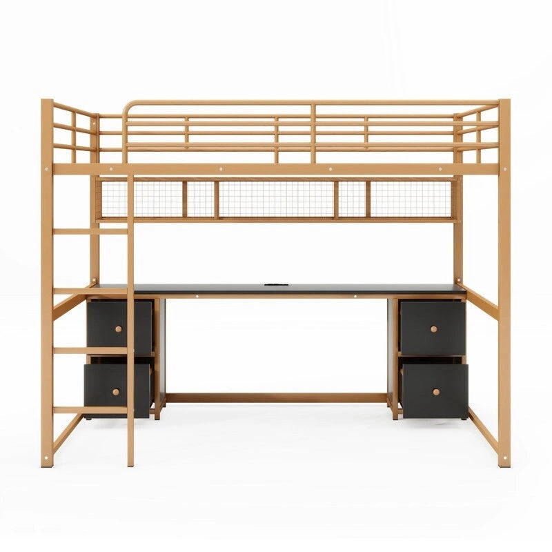 Full Size Metal Loft Bed with Desk, Cabinets, Drawers and Bedside Tray, Charging Station, USB and socket