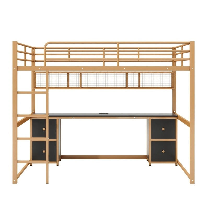 Full Size Metal Loft Bed with Desk, Cabinets, Drawers and Bedside Tray, Charging Station, USB and socket