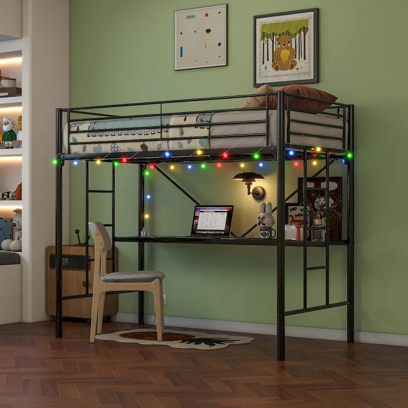 Twin Metal Loft Bed with Desk, Power Outlet and LED Lighted, Safety Guard & Ladder, No Box Spring Needed