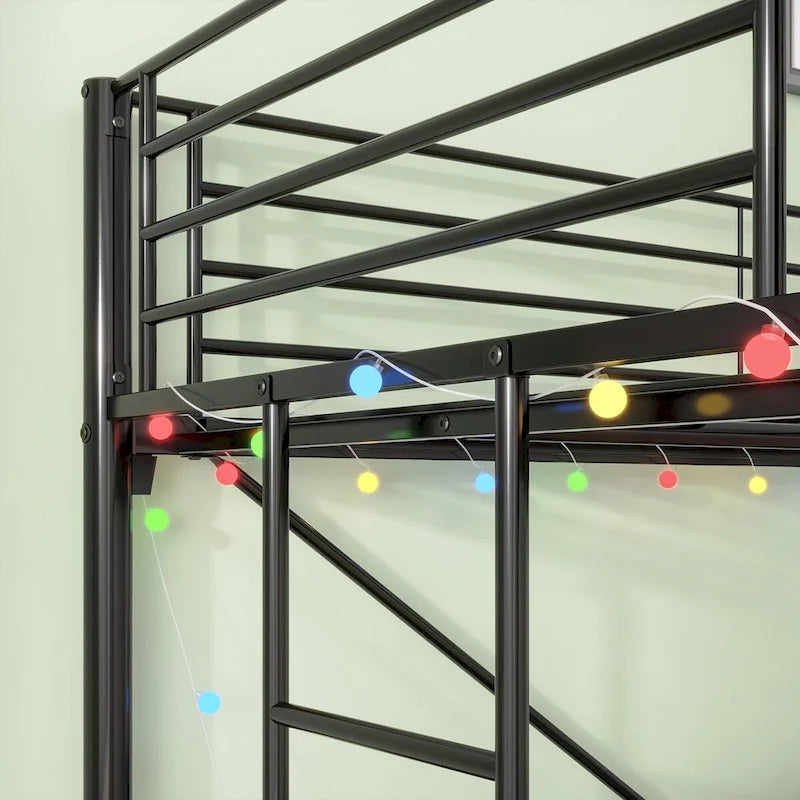 Twin Metal Loft Bed with Desk, Power Outlet and LED Lighted, Safety Guard & Ladder, No Box Spring Needed
