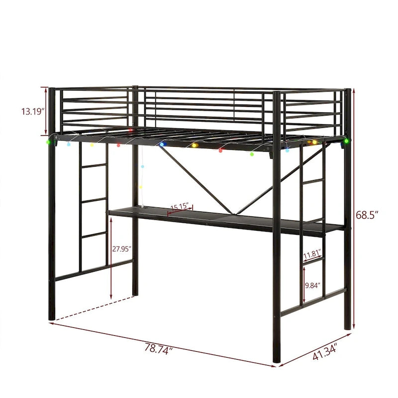 Twin Metal Loft Bed with Desk, Power Outlet and LED Lighted, Safety Guard & Ladder, No Box Spring Needed