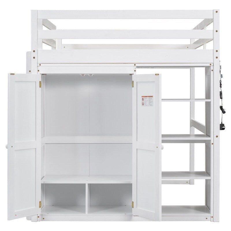 Wood Full Size Loft Bed with Built-in Wardrobe and Storage Shelves, Led light