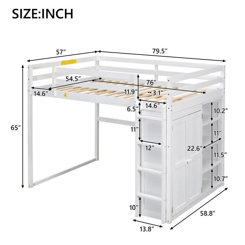 Wood Full Size Loft Bed with Built-in Wardrobe and Storage Shelves, Led light