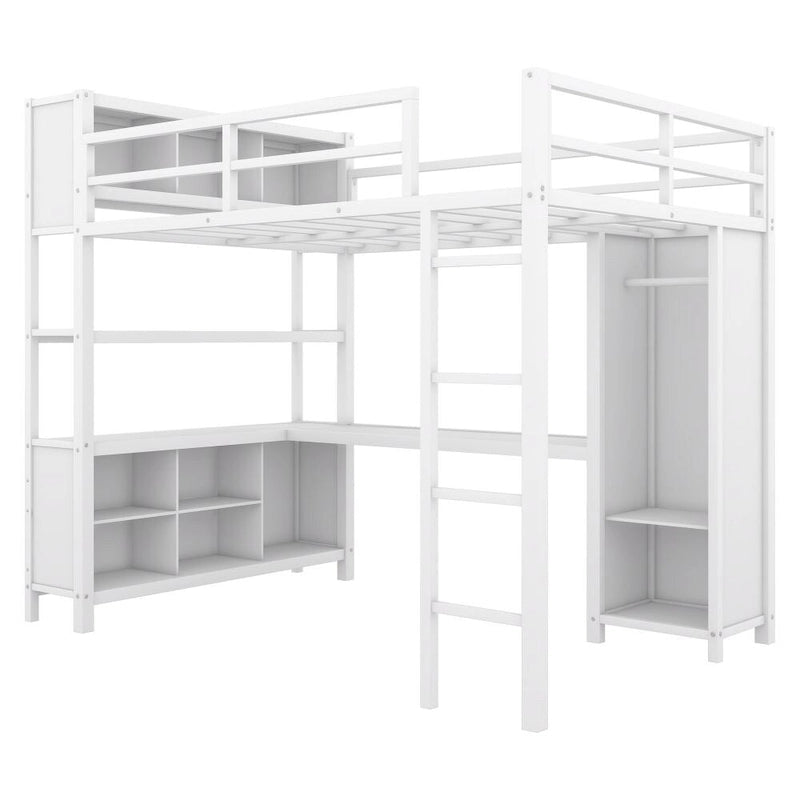 Metal Loft Bed with Wardrobe And L-Shaped Desk