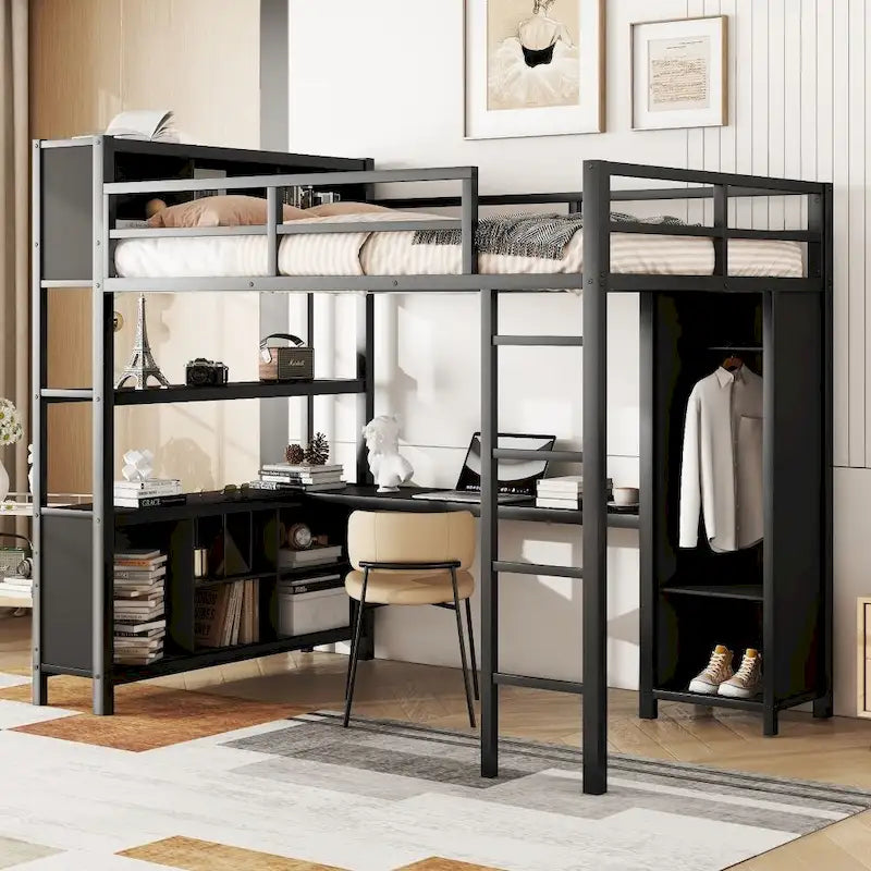 Metal Loft Bed with Wardrobe And L-Shaped Desk