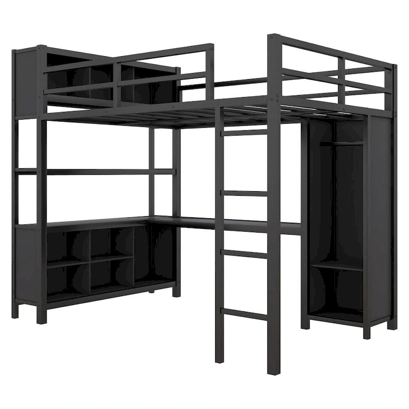Metal Loft Bed with Wardrobe And L-Shaped Desk