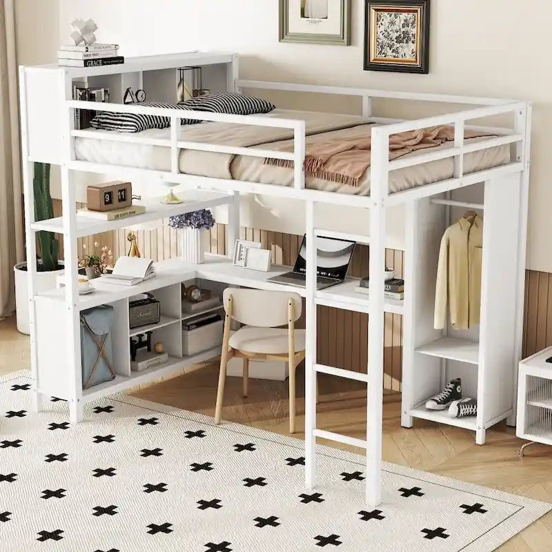 Metal Loft Bed with Wardrobe And L-Shaped Desk