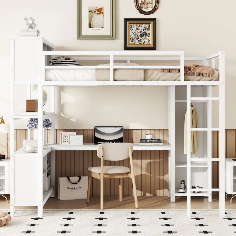 Metal Loft Bed with Wardrobe And L-Shaped Desk