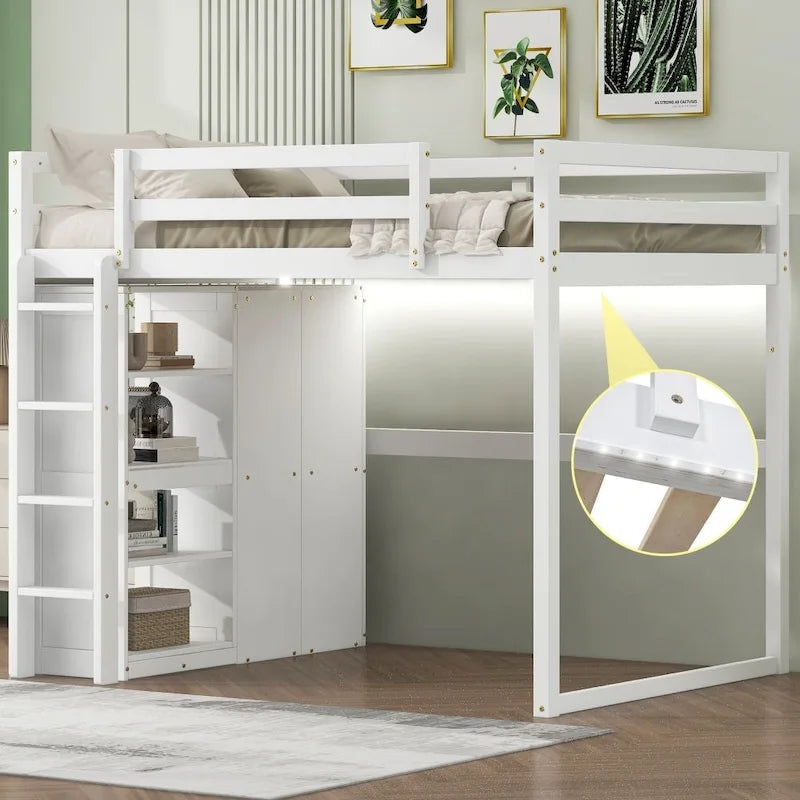 Lit mezzanine double en bois avec armoire intégrée et étagères de rangement