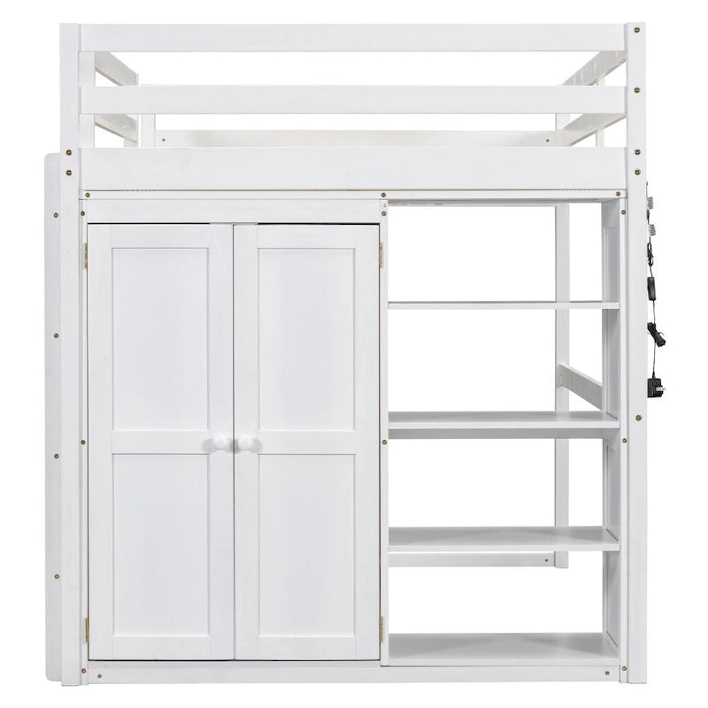 Wood Full Size Loft Bed with Built-In Wardrobe and Storage Shelves