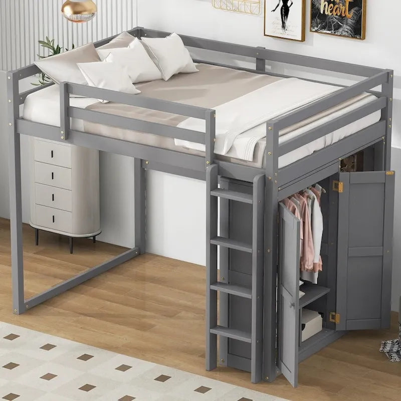 Wood Full Size Loft Bed with Built-In Wardrobe and Storage Shelves