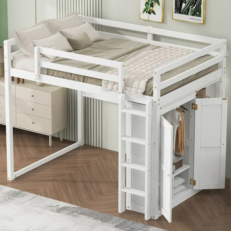 Wood Full Size Loft Bed with Built-In Wardrobe and Storage Shelves